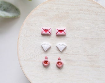 Love Potion Valentine's Day Clay Stud Earring 3 Pack | Handmade Clay Stud Pack | Love Letter Studs | Glitter Diamond Studs