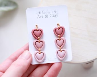Ombre Stacked Heart Polymer Clay Dangle Earrings  | Handmade Polymer Clay Dangle Earrings Valentines Earrings | Heart Earrings