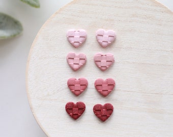 Checkered Valentine's Day Clay Stud Earrings | Small Heart Clay Stud Earrings | Pink Checker Textured Earrings