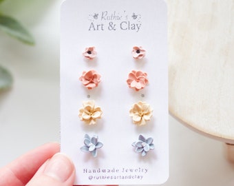 Detailed Spring Floral Stud Earring 4 Pack | Polymer Clay Floral Stud Earrings | Handmade Polymer Clay Flower Stud Earrings | Tiny Studs