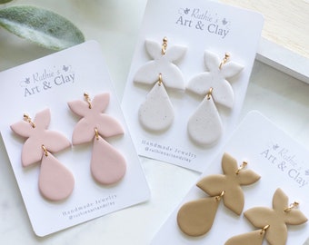 Statement Polymer Clay Dangle Earrings | Handmade Chiffon, Pink, and Camel Colored Clay Earrings |