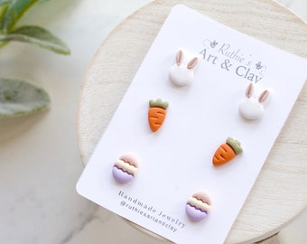 Handmade Easter Stud Earring Pack | Polymer Clay Bunny, Carrot, Egg