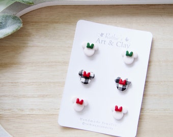 White Glitter and Plaid Christmas Minnie Mouse Stud Pack | Handmade Christmas Clay Disney Themed Studs | Disney Holiday Earrings |