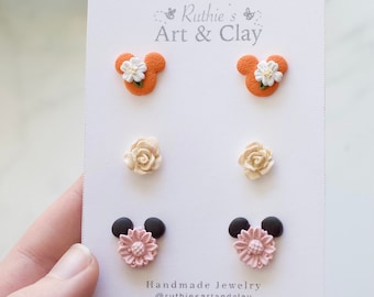 Floral Mickey Clay Earring Stud Pack | Handmade Clay Disney Themed Studs | Disney Spring Earrings | Epcot Flower and Garden Earrrings