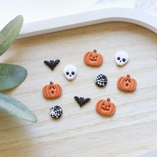 Build Your Own Halloween Stud Pack Jack O Lantern Stud Earrings | Handmade Polymer Clay Spooky Pumpkin Face Earrings | Pumpkin Clay Studs
