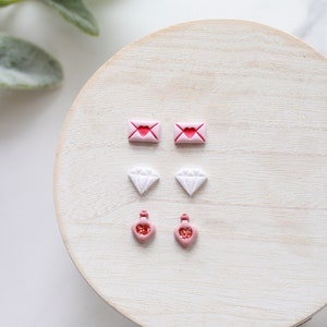 Love Potion Valentine's Day Clay Stud Earring 3 Pack Handmade Clay Stud Pack Love Letter Studs Glitter Diamond Studs image 1