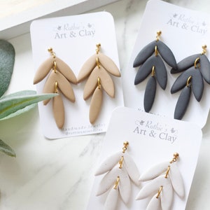 Boho Polymer Clay Leaf Dangle Earrings | Handmade Chiffon, Black, and Camel Colored Leaf Earrings |