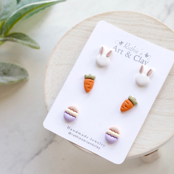 Easter Clay Earring Stud Pack | Handmade Polymer Clay Easter Bunny Stud Earring Pack | Spring Clay Earrings