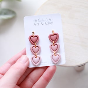 Ombre Stacked Heart Polymer Clay Dangle Earrings Handmade Polymer Clay Dangle Earrings Valentines Earrings Heart Earrings image 1