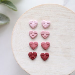 Checkered Valentine's Day Clay Stud Earrings Small Heart Clay Stud Earrings Pink Checker Textured Earrings image 1