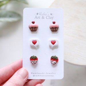 Valentine's Day Clay Stud Earring 3 Pack Handmade Clay Stud Pack Cupcake Studs Chocolate Covered Strawberry Studs Text Bubble Studs image 1