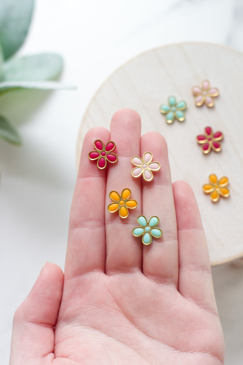 Gold Trimmed Flower Stud Earrings Handmade Polymer Clay Floral Earrings Summer Stud Earrings Flower Earrings Vibrant Flower Studs image 4