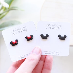 Mickey and Minnie Hat Stud Earrings Handmade Clay Disney Mouse Inspired Studs Small Earrings image 1