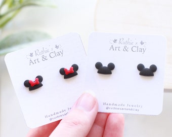 Mickey and Minnie Hat Stud Earrings | Handmade Clay Disney Mouse Inspired Studs | Small Earrings
