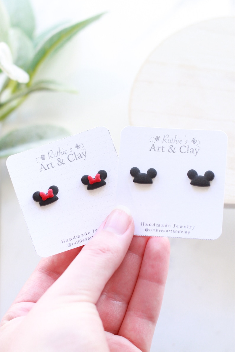 Mickey and Minnie Hat Stud Earrings Handmade Clay Disney Mouse Inspired Studs Small Earrings image 1