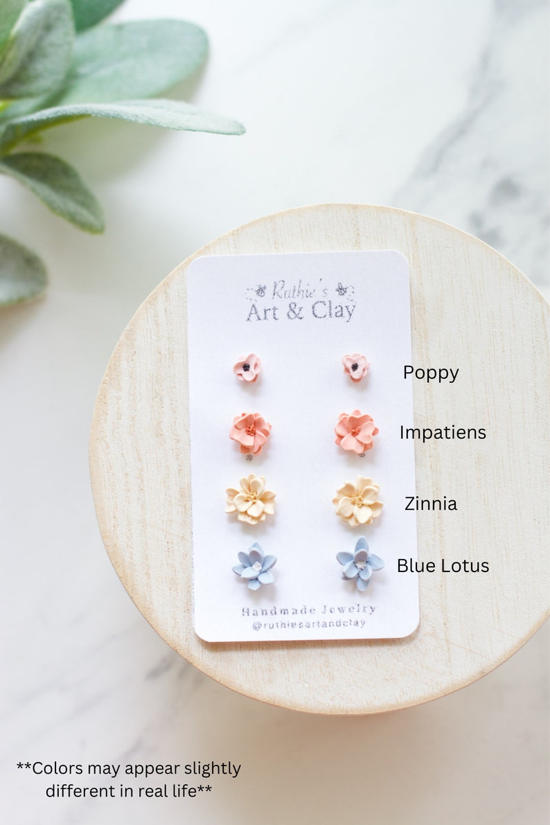 Detailed Spring Floral Stud Earring 4 Pack Polymer Clay Floral Stud Earrings Handmade Polymer Clay Flower Stud Earrings Tiny Studs image 5