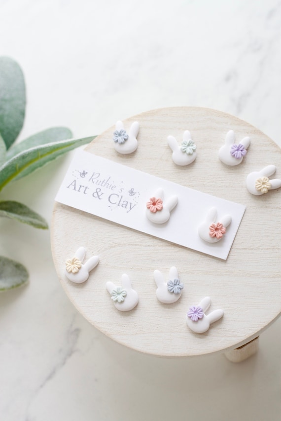 Floral Easter Bunny Clay Stud Earrings Handmade Polymer Clay