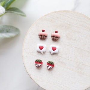 Valentine's Day Clay Stud Earring 3 Pack Handmade Clay Stud Pack Cupcake Studs Chocolate Covered Strawberry Studs Text Bubble Studs Pack 1