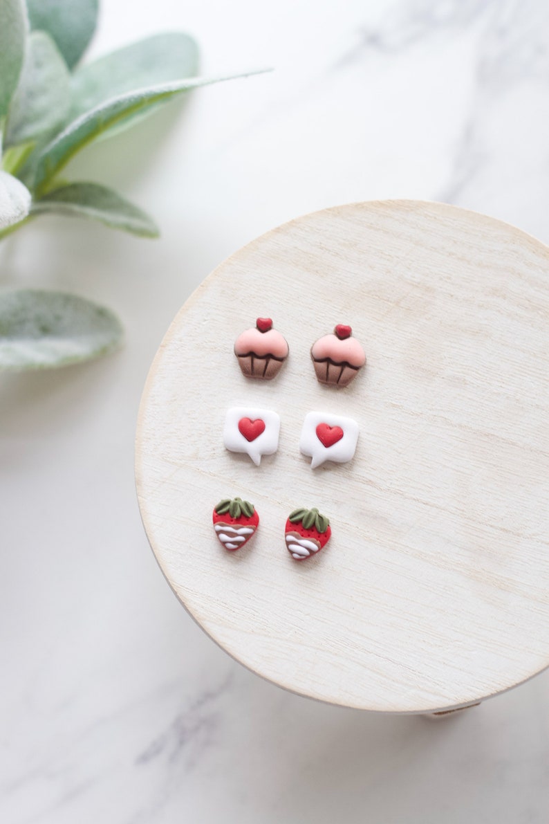 Valentine's Day Clay Stud Earring 3 Pack Handmade Clay Stud Pack Cupcake Studs Chocolate Covered Strawberry Studs Text Bubble Studs Pack 1