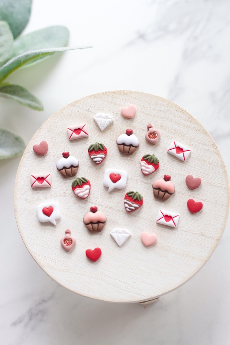 Valentine's Day Clay Stud Earrings Small Heart Clay Stud Earrings Chocolate Covered Strawberry Studs Cupcake Studs Love Potion Studs image 1