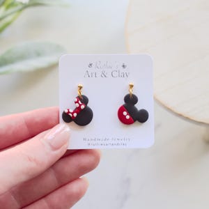 Mickey and Minnie Dangle Earrings | Handmade Clay Mouse Themed Studs | Small Dangle Earrings | Theme Park Stud Earrings