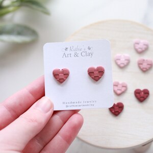 Checkered Valentine's Day Clay Stud Earrings Small Heart Clay Stud Earrings Pink Checker Textured Earrings image 2