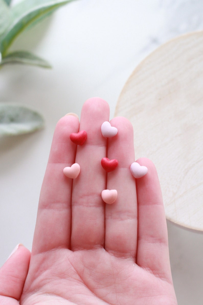 Tiny Puffed Heart Clay Stud Earrings Handmade Polymer Clay Puffy Heart Studs Valentines Day Stud Earrings image 3