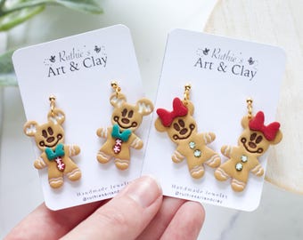Mickey Gingerbread Dangle Earrings | Handmade Polymer Clay Christmas Mickey Gingerbread Earrings | Disney Inspired Earrings | Park Earrings
