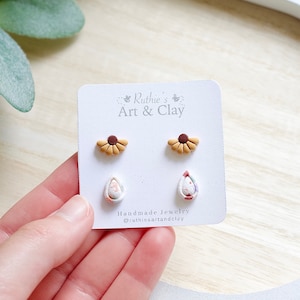 Tiny Polymer Clay Sunflower and Teardrop Stud Pack | Small Clay Flower Stud Earrings | Handmade Polymer Clay Sunflower Earrings