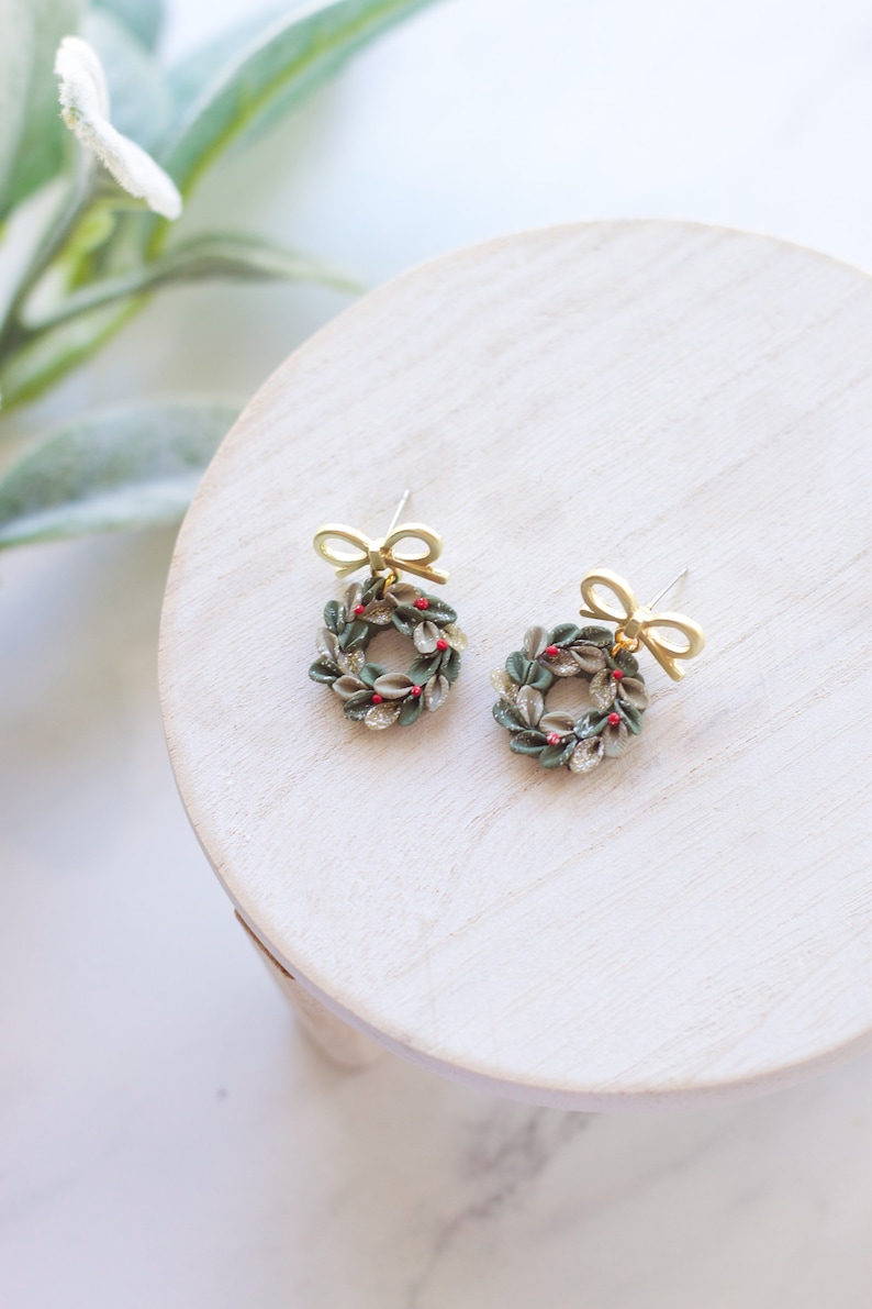 Holiday Wreath Polymer Clay Dangle Earrings Handmade Clay Christmas Wreath Dangle Earrings Lightweight Polymer Clay Christmas Earrings image 2