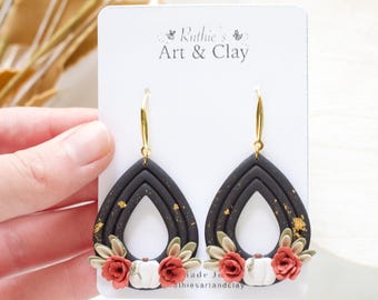 Handmade Autumn Floral Pumpkin Polymer Clay Dangle Earrings
