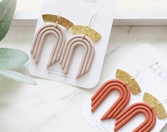 Boho Arched and Gold Clay Dangles | Handmade Polymer Clay Statement Earrings | Lightweight Clay Jewelry | Trendy Earrings