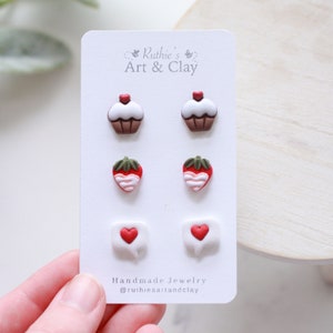 Valentine's Day Clay Stud Earring 3 Pack Handmade Clay Stud Pack Cupcake Studs Chocolate Covered Strawberry Studs Text Bubble Studs image 4