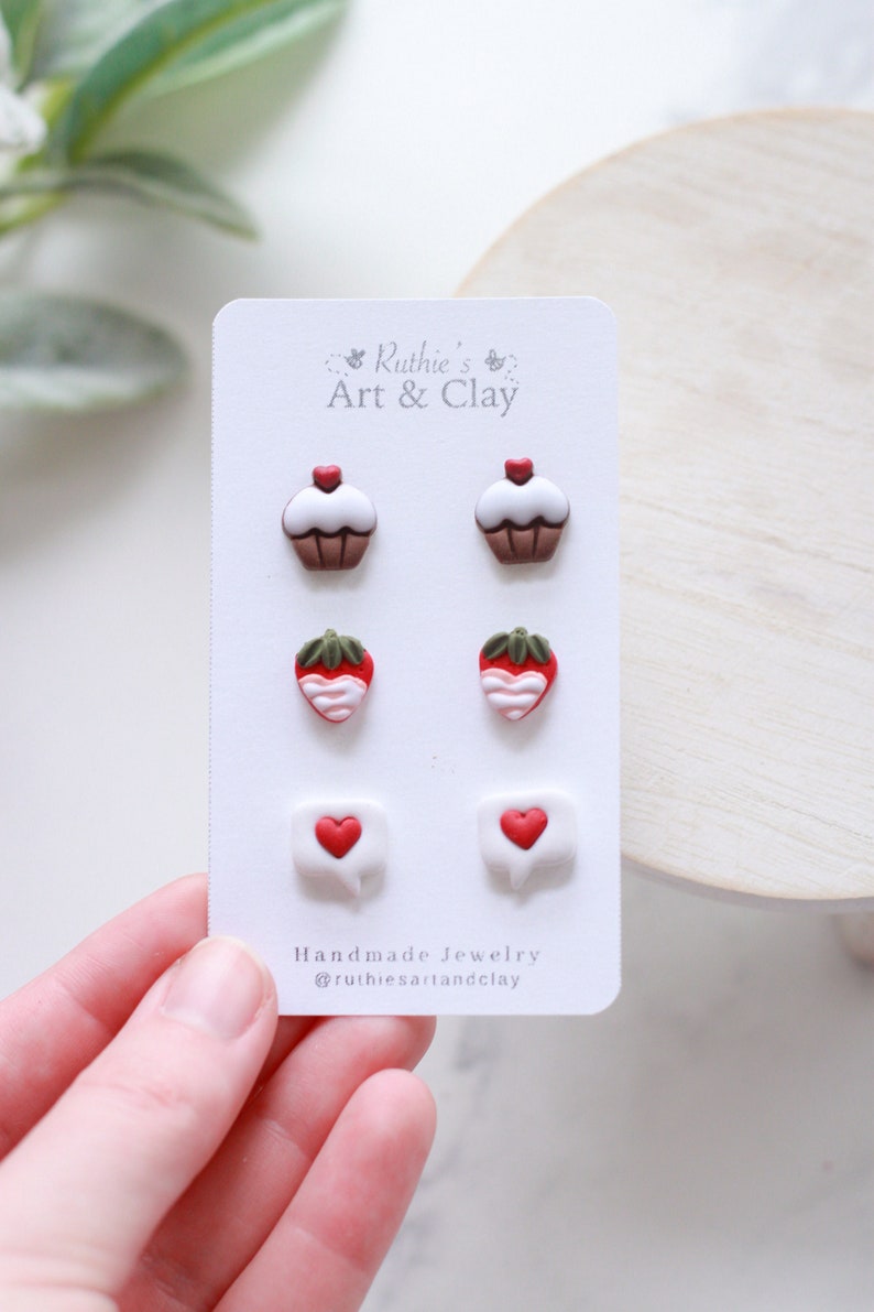 Valentine's Day Clay Stud Earring 3 Pack Handmade Clay Stud Pack Cupcake Studs Chocolate Covered Strawberry Studs Text Bubble Studs image 4