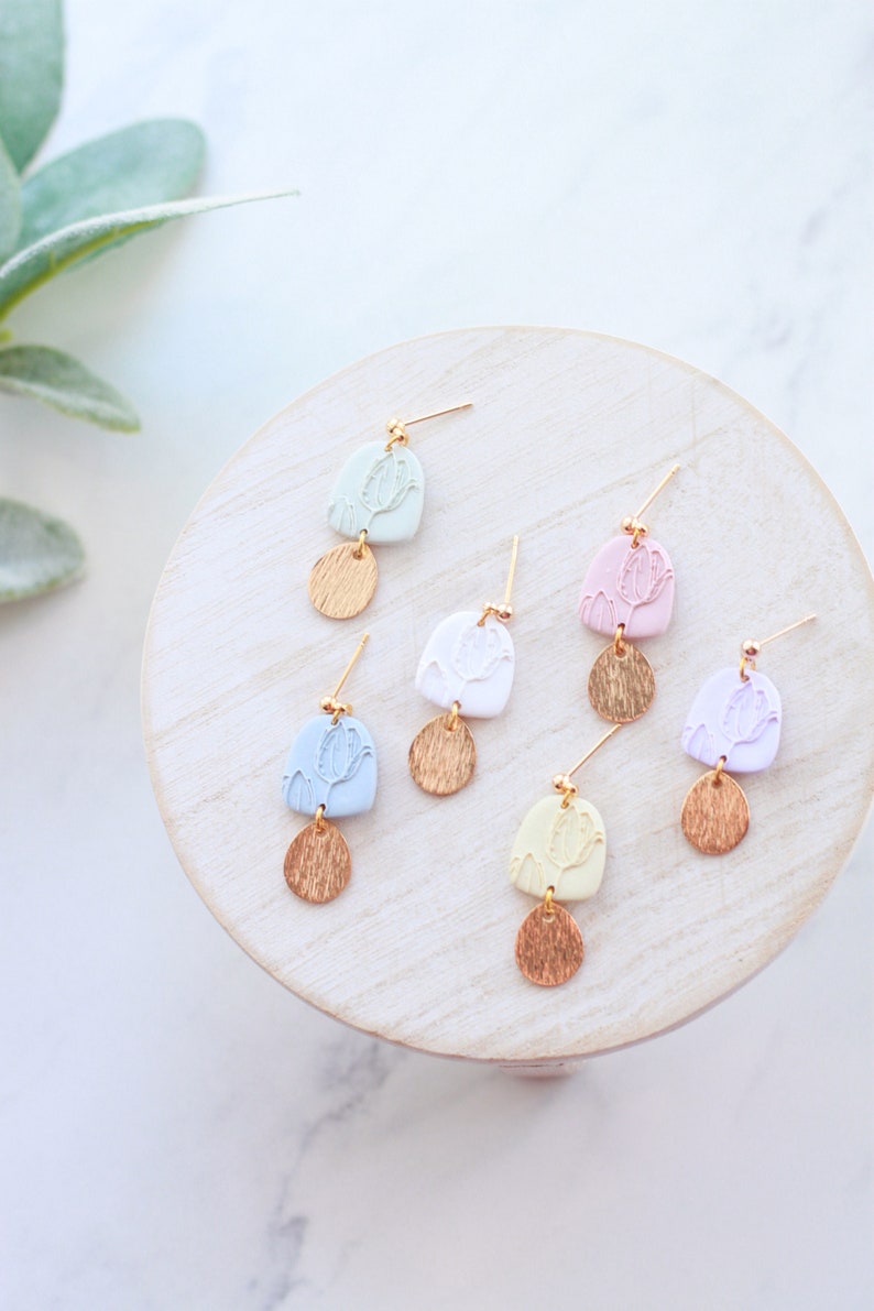 Tulip Gold Clay Dangle Earrings Handmade Polymer Clay Easter Dangle Earrings Pastel Easter Dangle Earrings Spring Clay Earrings image 3