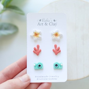 Aloha Polymer Clay Stud Pack | Handmade Polymer Clay Beach Themed Earrings | Plumeria, Coral, and Camera Themed Clay Stud Earrings