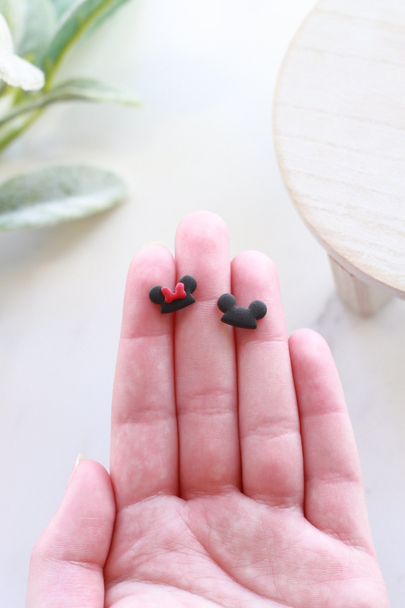 Mickey and Minnie Hat Stud Earrings Handmade Clay Disney Mouse Inspired Studs Small Earrings image 2