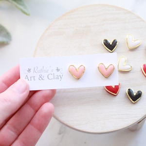 Gold Trimmed Heart Clay Stud Earrings Handmade Polymer Clay and Resin Studs Valentines Day Stud Earrings Gold Heart Earring image 1