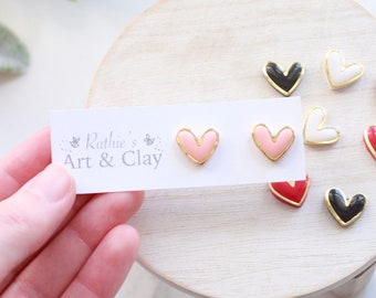 Gold Trimmed Heart Clay Stud Earrings | Handmade Polymer Clay and Resin Studs | Valentines Day Stud Earrings | Gold Heart Earring