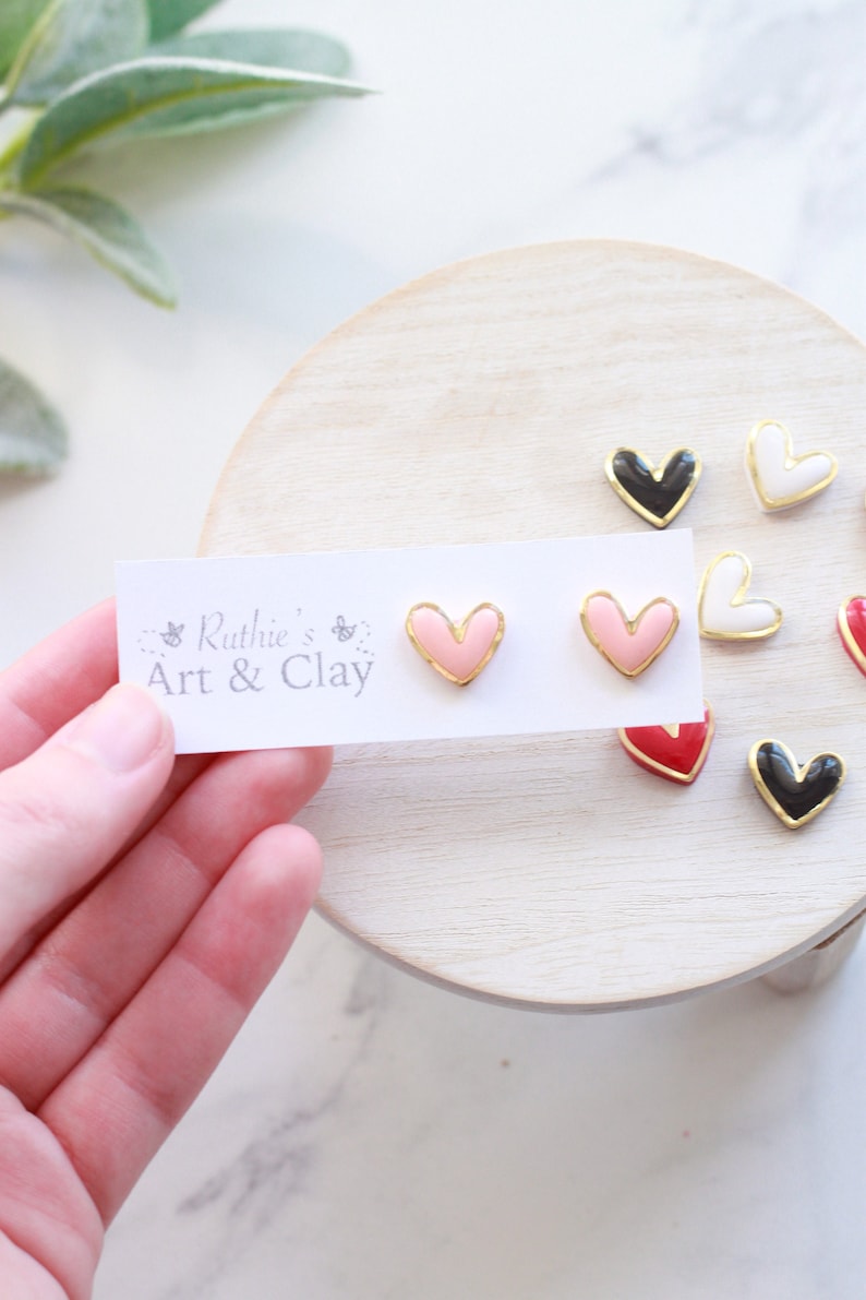 Gold Trimmed Heart Clay Stud Earrings Handmade Polymer Clay and Resin Studs Valentines Day Stud Earrings Gold Heart Earring image 1