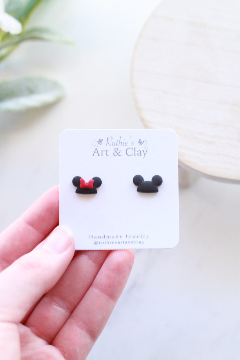 Mickey and Minnie Hat Stud Earrings Handmade Clay Disney Mouse Inspired Studs Small Earrings One of Each