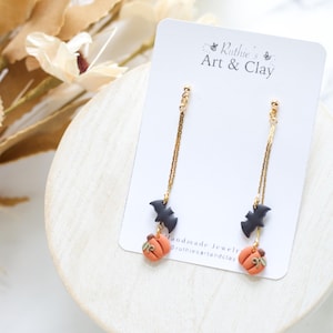 Halloween Kürbis und Fledermaus Polymer Clay Kette baumeln Ohrringe | Halloween Ohrringe | Handgemachte Tonohrring | Kürbis Ohrringe