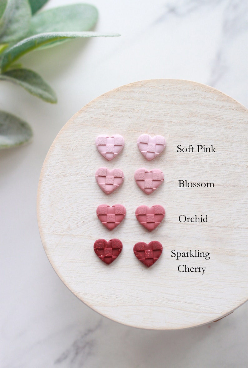 Checkered Valentine's Day Clay Stud Earrings Small Heart Clay Stud Earrings Pink Checker Textured Earrings image 4