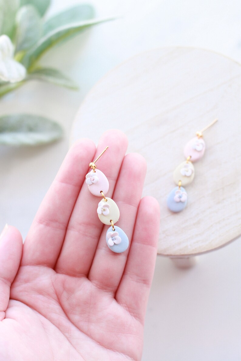 Pastel Floral Egg Dangle Earrings Handmade Polymer Clay Easter Dangle Earrings Pastel Easter Dangle Earrings Spring Clay Earrings image 3