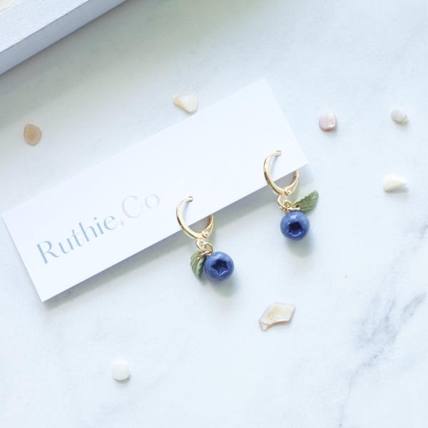 Blueberry Huggie Hoops | Handmade Polymer Clay Blueberry Earrings