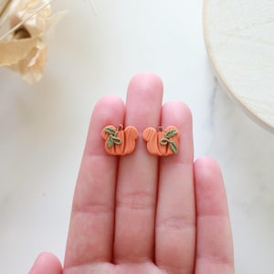 Peut inclure: Deux boucles d'oreilles clous en forme de citrouille orange avec des d&eacute;tails de feuilles vertes. Ces boucles d'oreilles sur le th&egrave;me de l'automne sont un accessoire charmant. Chaque boucle d'oreille mesure environ 1 cm.