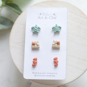 Sea Life Polymer Clay Stud Pack | Handmade Polymer Clay Beach Themed Earrings | Sea Turtle, Sand Castle, Sea Horse Stud Earrings