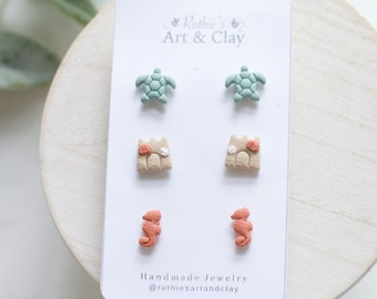 Sea Life Polymer Clay Stud Pack | Handmade Polymer Clay Beach Themed Earrings | Sea Turtle, Sand Castle, Sea Horse Stud Earrings