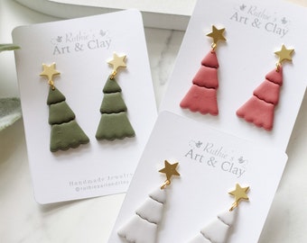 Tree Dangle Earrings | Handmade Polymer Clay Christmas Tree Dangles Earrings | Gold Star Post