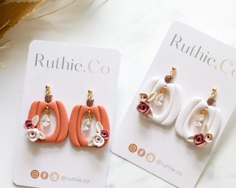 Handmade Pumpkin Floral Dangle Earrings | Polymer Clay Autumn Jewelry